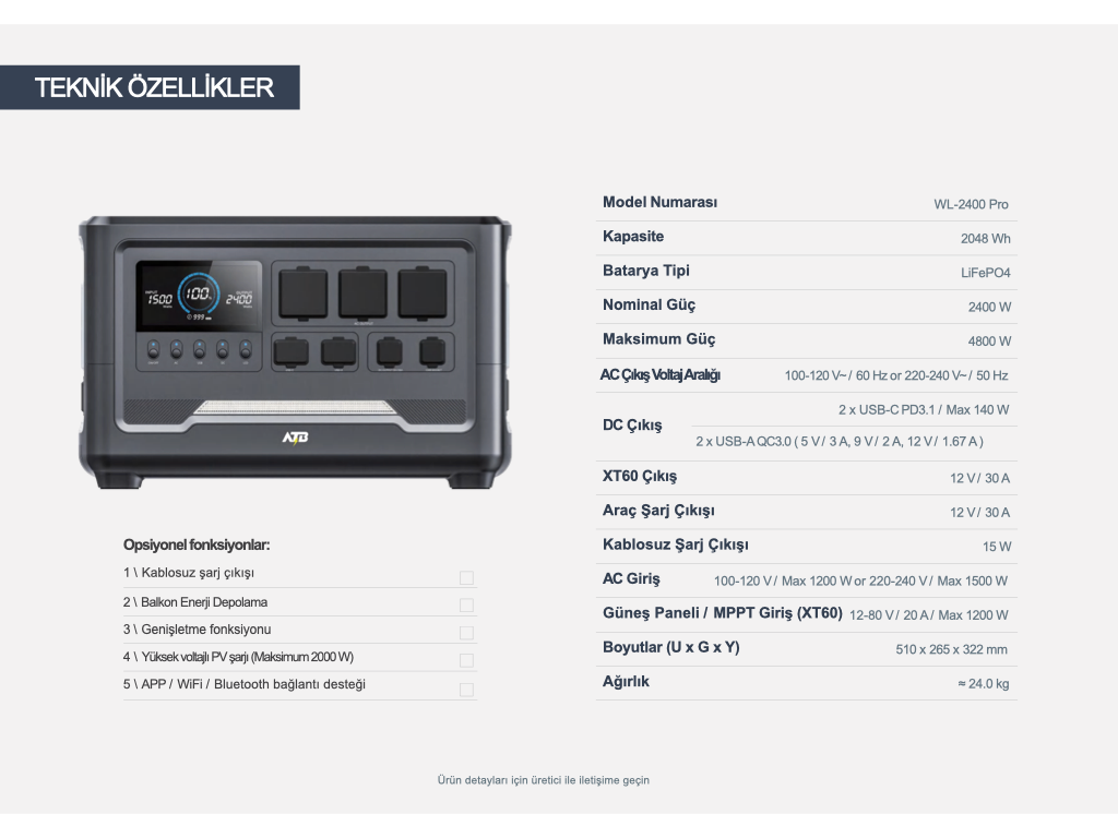 WOLONG/ATB Taşınabilir Güç İstasyonu WL-2400pro