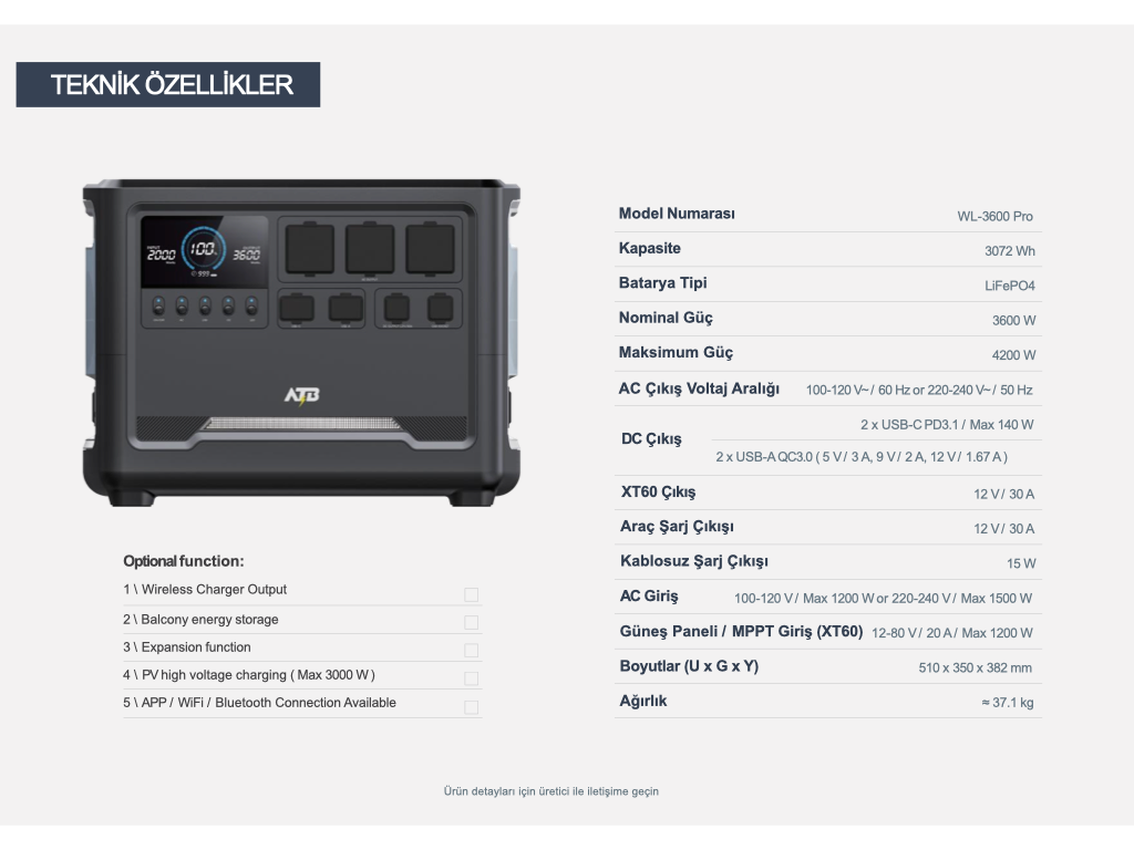 WOLONG/ATB Taşınabilir Güç İstasyonu WL-3600pro